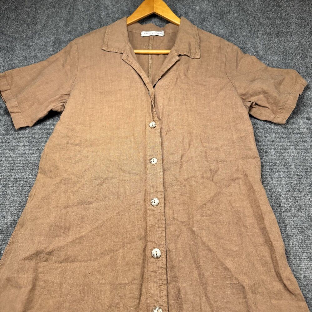 Vintage Cut Loose 100% Linen Shirt Dress Tan Brown Button Front Made USA Medium